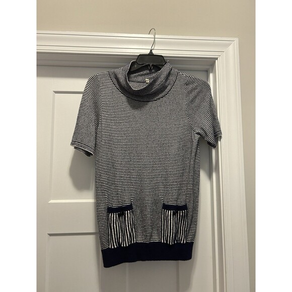 Moth Anthropologie Blue White Stripe Short Sleeve Mock Sweater Size Small Preppy - Picture 1 of 6